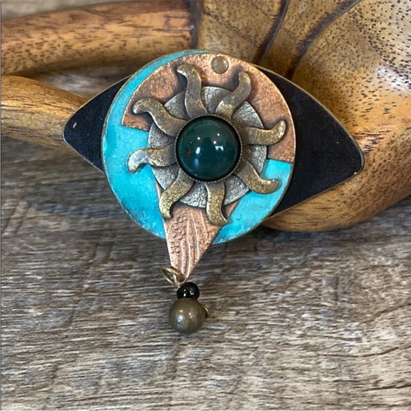 Vintage Artisan Sunburst Eye Brooch Turquoise Patina Mixed Metal Pendant Boho - Picture 7 of 9